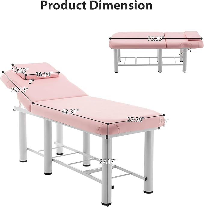 Professioanl Massage Table w/Adjustable Backrest for Treatment Table Spa Facial Bed Barber Beauty Equipment, Metal Frame PU Leather, Removable Headrest Salon Bed, Pink