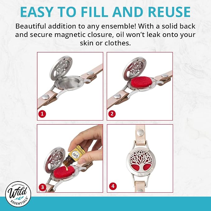 Wild Essentials Peace Sign Essential Oil Bracelet Diffuser, Leather Wrap Band, Stainless Steel Locket Pendant, 12 Color Refill Pads, Customizable Color Changing Perfume Jewelry for Aromatherapy