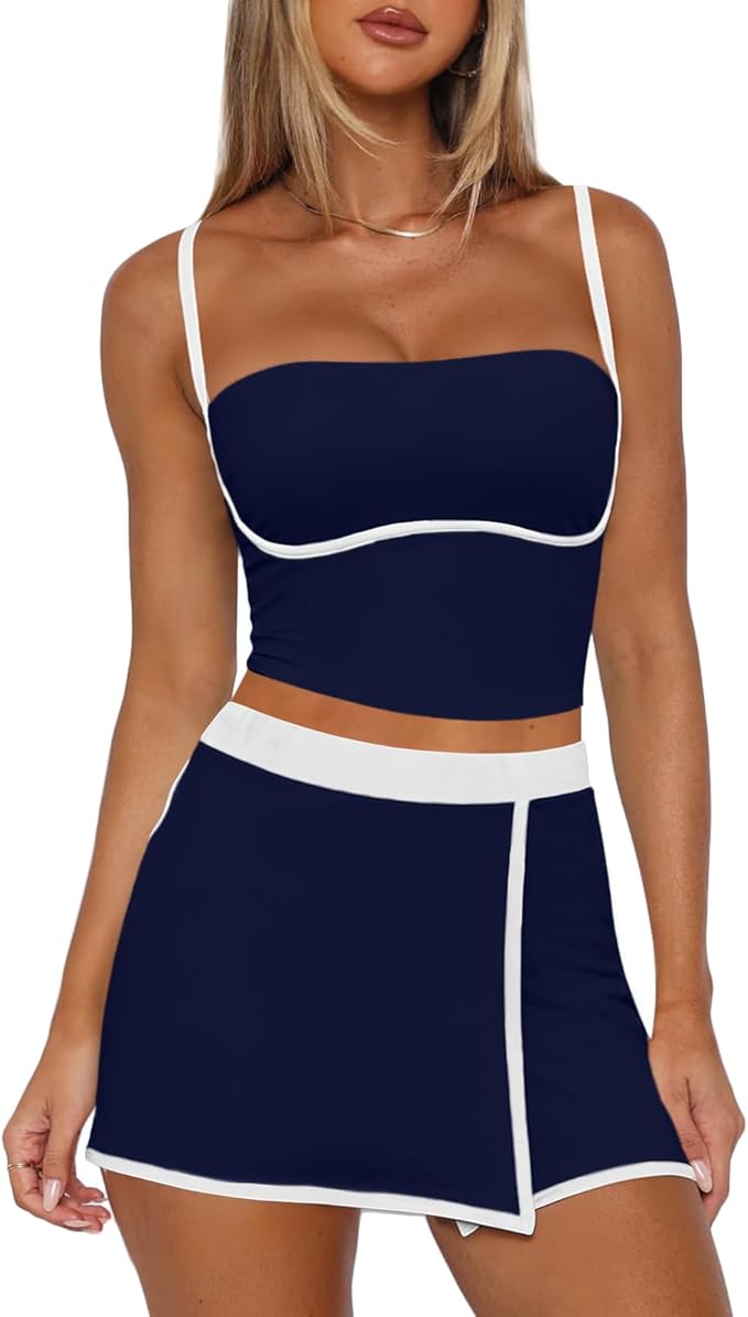 Tennis Skirt Sets Women 2 Piece Outfits Workout Sets Spaghetti Strap Tank Top and Skort Set Athletic Gym Yoga Outfits