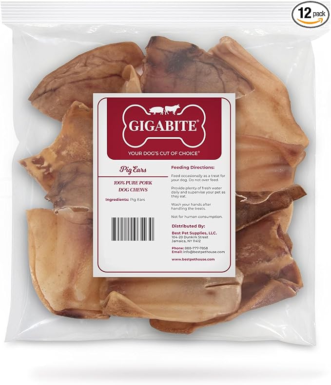 Best Pet Supplies GigaBite Whole Pig Ears for Dogs - 12 Count | Single Ingredient, All Natural, Supports Dental Health, Perfect for Training, Slow Roasted Chews
