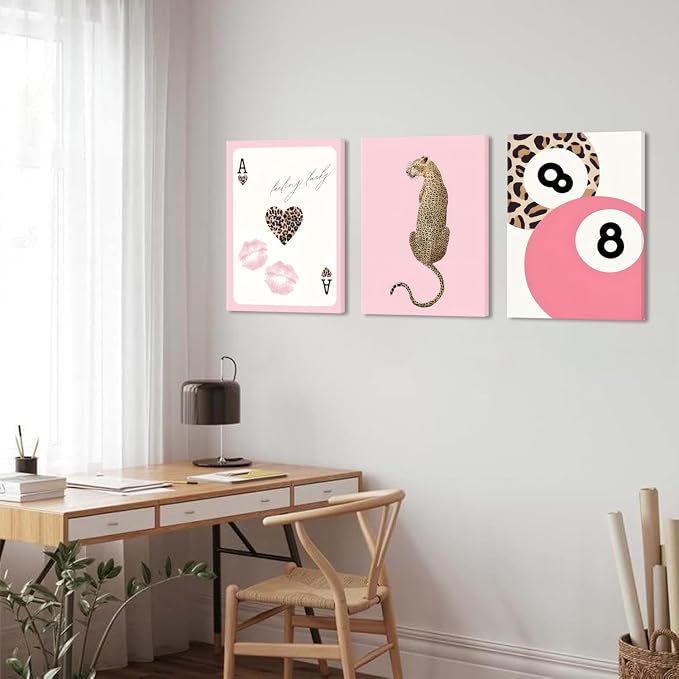 Cheetah Trendy Wall Art Set of 3 Preppy Leopard Canvas Print for College Apartment Room Wall Decor 8 Ball Poster Y2k Pink Coquette Print Lucky Aesthetic Pictures for Bedroom Dorm 12x16 In Framed
