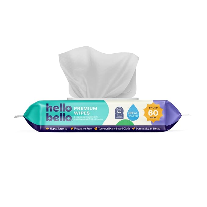 Hello Bello Premium Fragrance-Free Baby Wipes, with Chamomile & Aloe Extracts for Sensitive Skin - 12 Resealable Packs = 720 Total Wipes