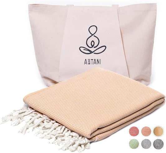ATANI 69x35 in Oversized Turkish Beach Towel Set with Tote Bag – Quick-Dry 100% Turkish Cotton Peshtemal, Sand-Resistant, Lightweight for Shower, Travel, Pool, Yoga (Yellow)