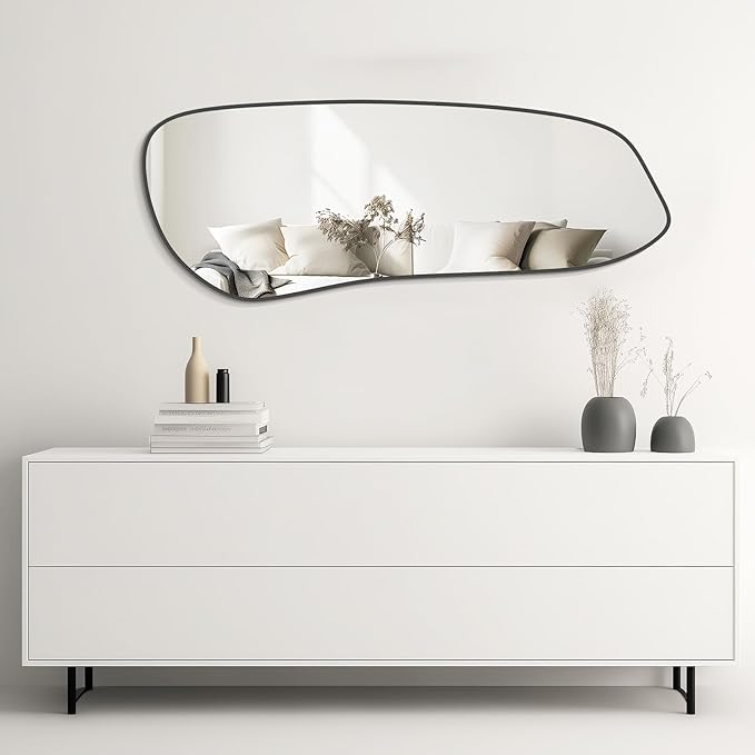 Irregular Wall Mirror, Asymmetrical Mirror Wall Mounted with Black Framed for Living Room, Bathroom, Bedroom, Entryway Wall Decor, 46"×18", Black