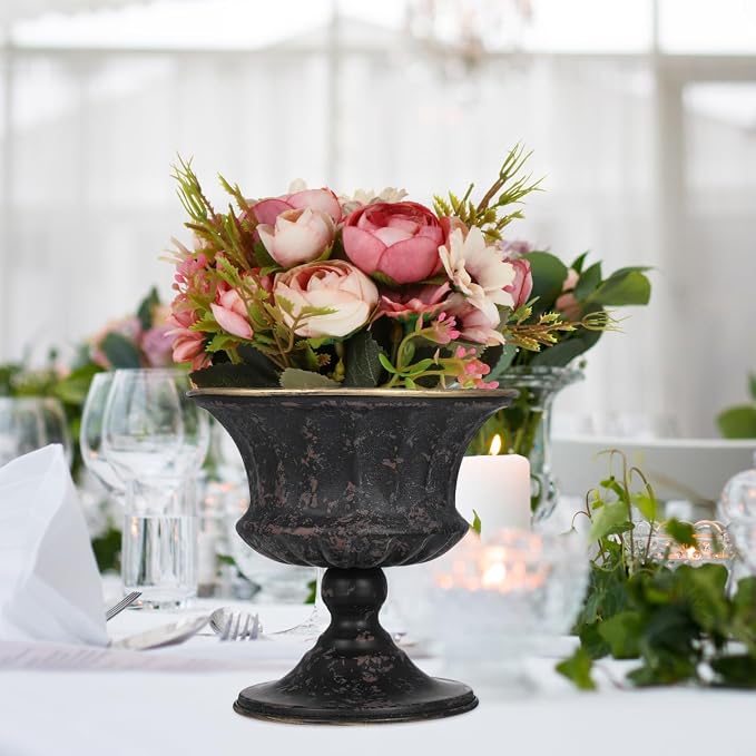 Vintage Metal Urn Planter, Small Roman Flower Pot Table Centerpiece Trumpet Vase Farmhouse Table Centerpiece Flower Bucket Decorative Trumpet Vase for Home Wedding Garden Indoor Outdoor (6 Inch)