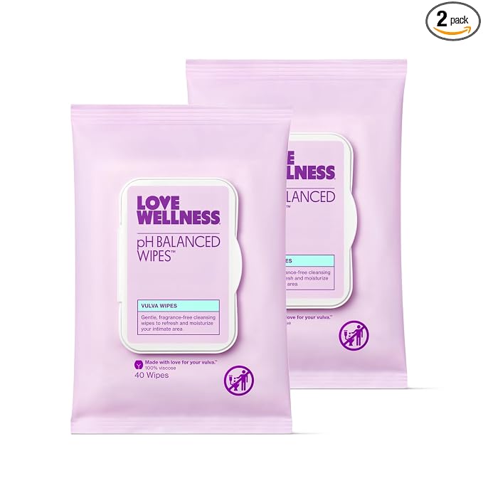 Love Wellness pH Balanced Wipes for Women | Feminine Hygiene for Cleansing with Aloe Vera | Fragrance-Free Intimate Health | Moisturizing, Soothing & Calming for Sensitive Skin | Travel Size | 2-Pack