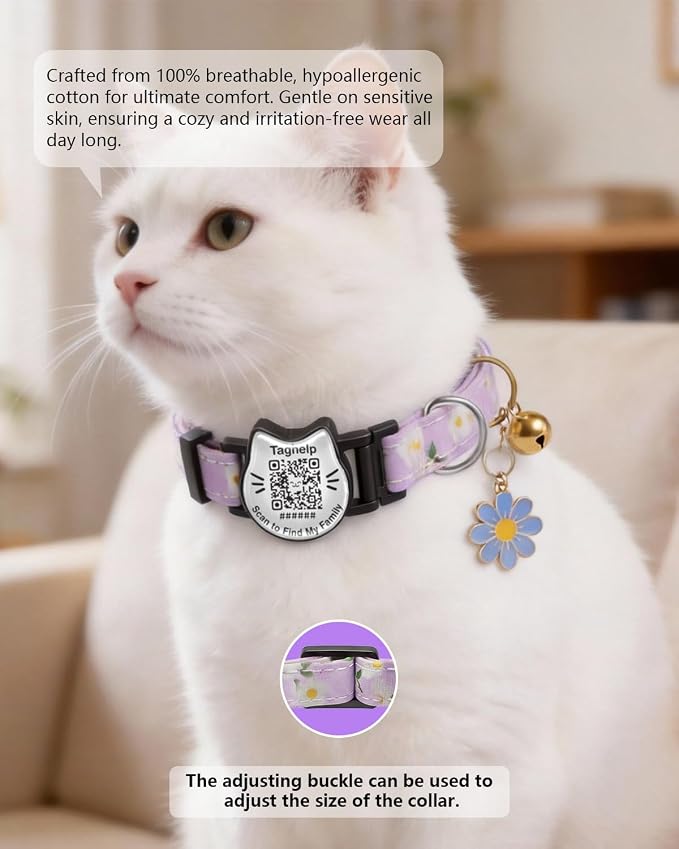 Breakaway Cat Collar with QR Code Tag and Bell (Pink & Purple, Pastoral Style)