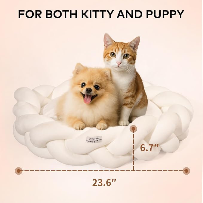 CHEERPALS Weave Cat Bed for Indoor Cats,Cute Pet Bed with Washable Cushion Fluffy Kitty Bed for Small Dog(White)