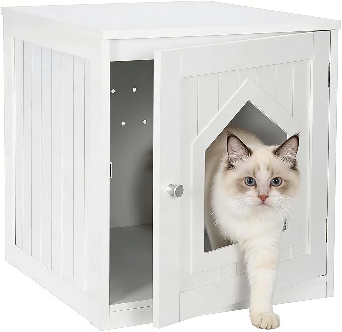 ZENY Cat House & Side Table, Pet Cat Litter Box Enclosure with Vent Holes, Wooden Enclosed Cat Washroom, White