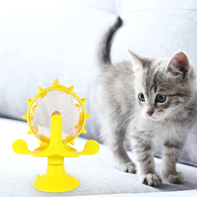 Cat Feeding Toy Rotating Windmill Treat Dispenser Interactive Pet Slow Food Toy with Food Leakage Hole Helps Slow Eating and .11 X 1.57 X 6.69 in