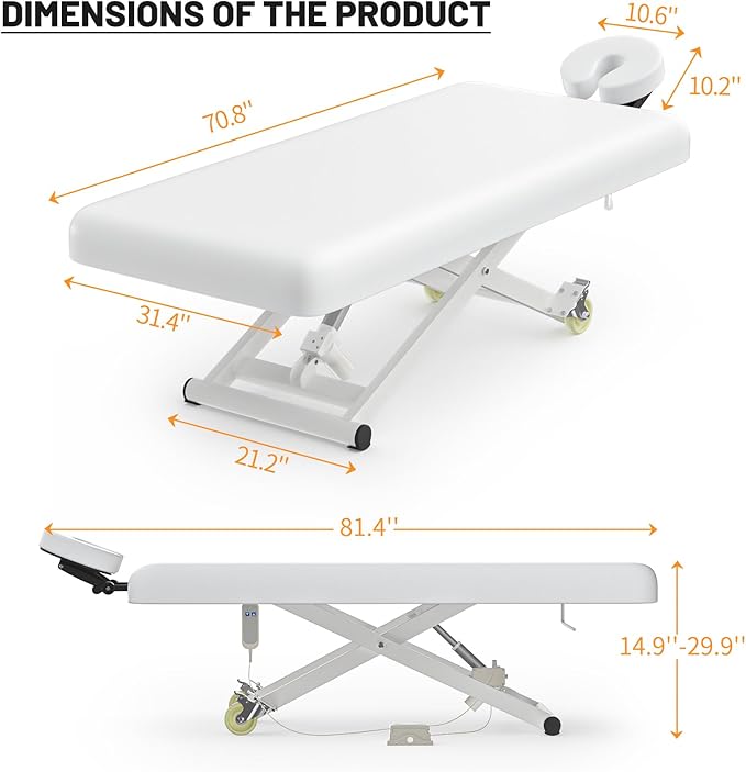 Electric Massage Table Bed - Facial Spa Treatment Table, Esthetician Bed with Wheel, Hand & Foot Pedal Dual Control Adjustable Height 440lbs, Professional Salon & Beauty Spa Use (White)