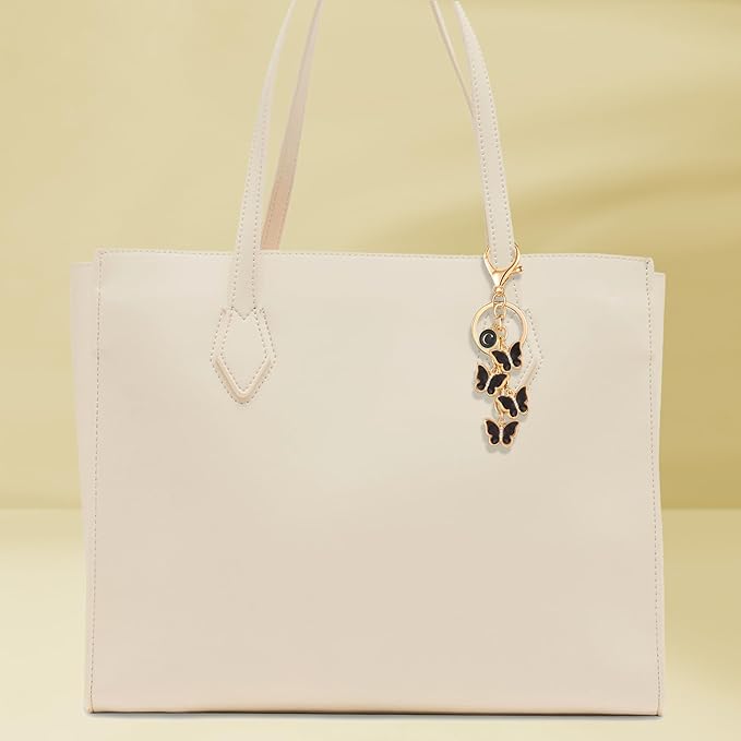 XGALBLA White Pink Black Cute Butterfly Initial Letter Keychain for Women, Butterfly Bag Charms Keyring for Handbags Backpack
