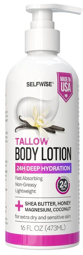 Beef Tallow Body Lotion with Magnesium, Shea Butter, Avocado, Honey - Natural Lotion with Vitamin E - Fast Absorbing, Non-Greasy Moisturizer for Dry & Sensitive Skin, Daily Hydrating Body Cream, 16oz
