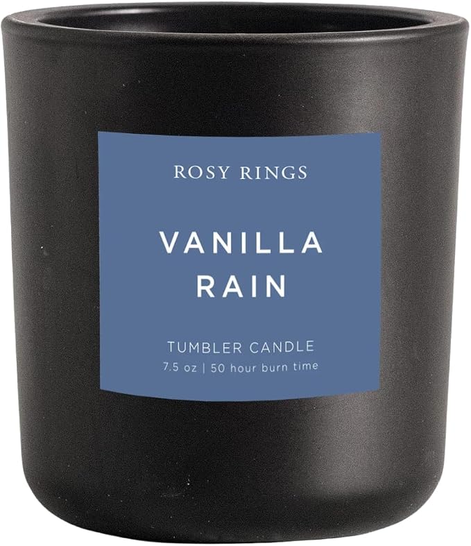 Rosy Rings Vanilla Rain Matte Black Glass Tumbler Candle | Aromatherapy Long Lasting Luxury Home Fragrance Gifts Notes of Cashmere Vanilla Jasmine Lily Sandalwood Apple 50 Hr Burn Time 3.7" H (Boxed)