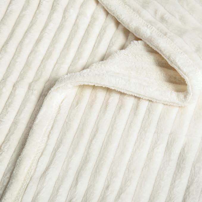 Vessia Flannel Fleece Striped Bed Blanket Twin Size(60x80inch), 300GSM Microfiber Cream Comfy Decor, Soft Warm Cozy Lightweight Ivory Ribbed Blanket for All-Season