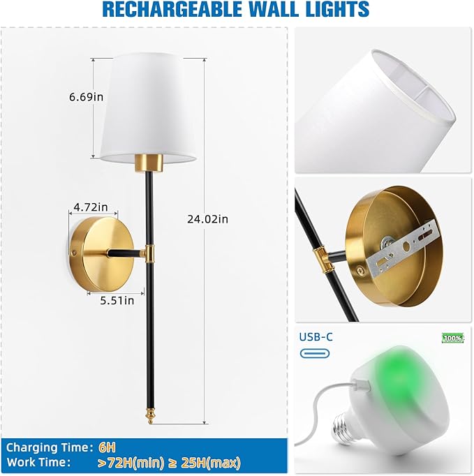 Battery Operated Wall Sconce Set of 2,Black-Gold Rechargeable Wall Lights with 10400mAh Dimmable Bulbs and Remote,10 Colors Wireless Wall Lamps for Bedroom Living Room Hallway Decor