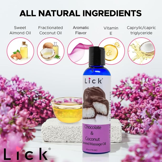 Lick Chocolate and Coconut Massage Oil – Tropical Dessert Edible Massage Oil with Sweet Almond Oil & Vitamin E, Smooth Body-Safe Glide for Couples Massage, 4 oz