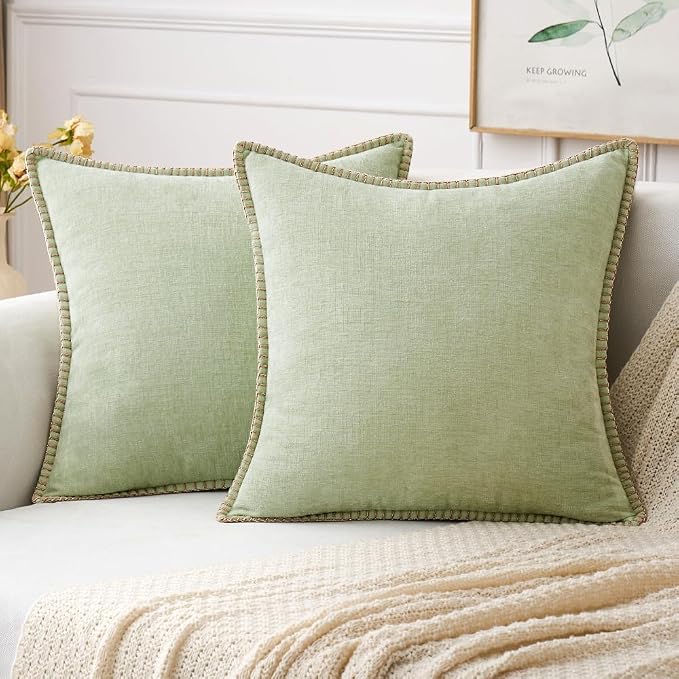 MIULEE Decorative Couch Throw Pillow Covers 18x18 Inch Light Green 2 Pack | Farmhouse Pillow Covers with Stitched Edge, Soft Chenille Cushion Cases, for Sofa Bed Living Room Home Decor