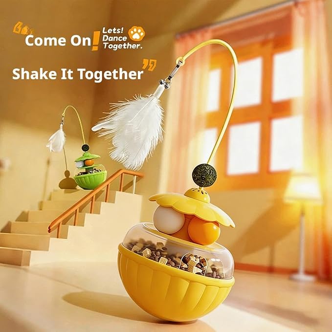 Cat Tumbler Food Dispenser Toy, 3-in-1 Slow Feeder Interactive Cat Puzzle with Dual Track Balls & Feather Wand, Self-Balancing Cat Treat Toy for Indoor Cats, Boredom Buster for Anxiety Relief