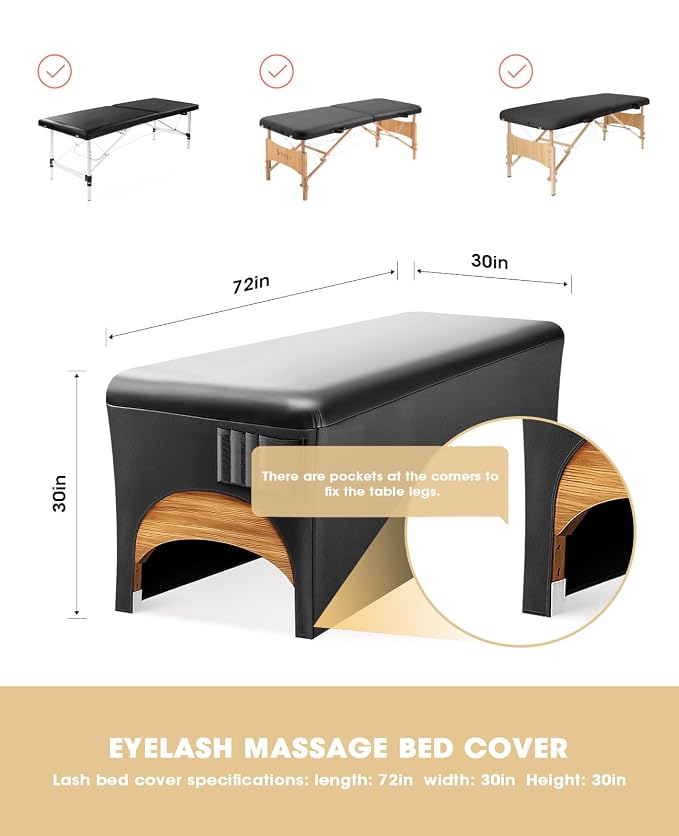 Onism Lash Bed Cover for Eyelash Extensions - Professional 6ft Massage Table Cover with Side Storage Pocket, Waterproof PU Leather & Stretchy Spandex Sides, Wipeable Spa Bed Sheets (Black)