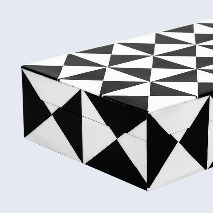 Handicrafts Home Decorative Storage Box with Lid, Black and White Decorative Remote Holder Box, Coffee Table Storage Box for Living Room, Console Table & Shelf Decor, Triangle - 10 x 6 x 2.5