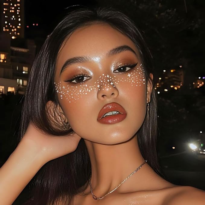 Silver Glitter Freckles Face Tattoo - Face Sparkle Freckles Sticker - Silver Faces Glitter Makeup Speckles for Glitters Makeup Accessories for Women- Halloween Makeups Prom - Rave Party