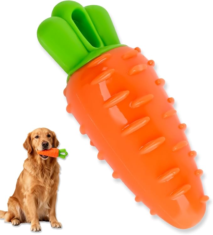 DAMAH Dog Squeaky Chew Toys for Aggressive Chewers, Rubber Carrot Dog Toys for Training and Cleaning, Durable Interactive Tough Dog Toy for Puppy Medium Dogs