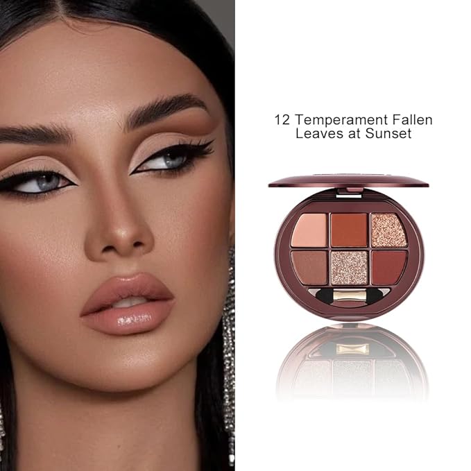 Matte Shimmer Glitter Mini Eyeshadow Palette – 6-Color Warm Caramel Rust Eye Shadow Kit, High Pigment Long-Lasting Waterproof Nude Brown Smokey Eyes Makeup Palette for Daily Wear & Soft Glam Looks