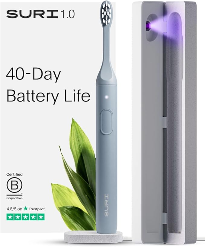 SURI 1.0 Sonic Electric Toothbrush with UV Cleaning Travel Case | 1 Month+ Battery | Designed in California | Electric Toothbrush for Adults | Travel Toothbrushes | Tooth Brush | Blue