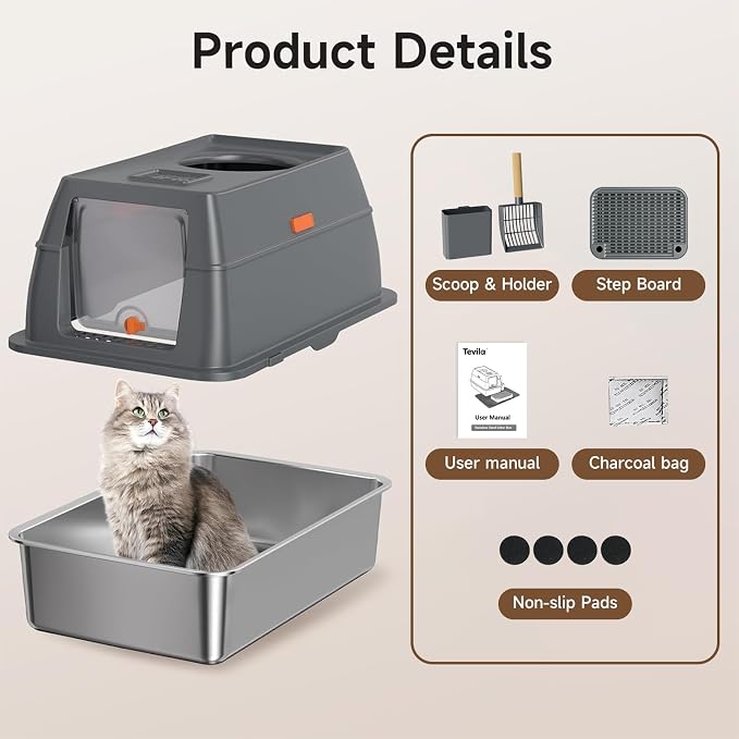 XL Enclosed Stainless Steel Litter Box with Lid, Dark Gray | covered, High Sided, Rustproof & Leak Proof, Easy Clean, Odor Control, Includes Scoop & Step