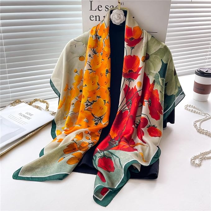 K-Elewon Large Square Scarf 43" Silk Scarf Fashion Scarves Silk Feeling Hair Wrapping Scarfs Night Sleeping Headscarf