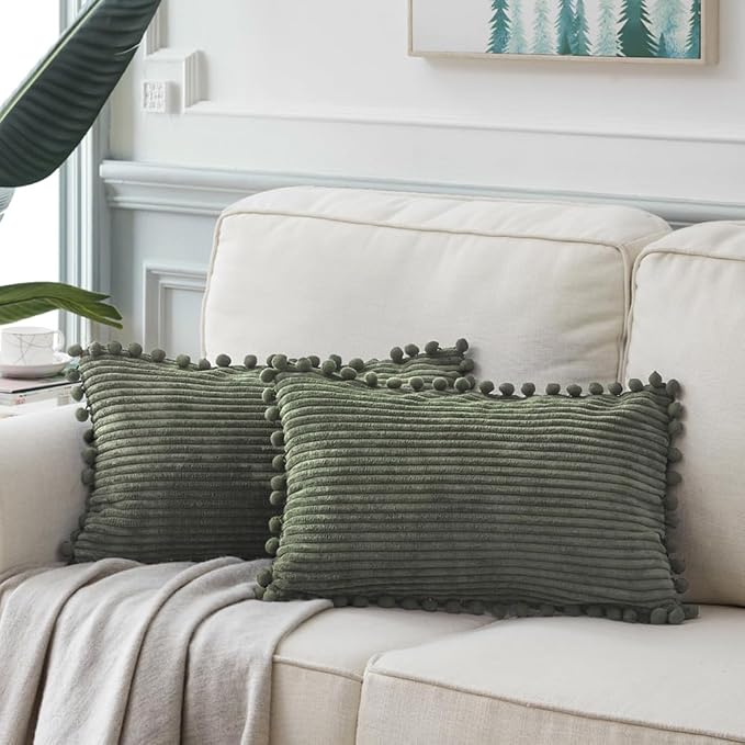 Fancy Homi 2 Pack Olive Green Lumbar Decorative Throw Pillow Covers 12x24 Inch with Pom-poms for Couch Bedroom Sofa, Soft Corduroy Solid Rectangle Cushion Case 30x60 cm, Farmhouse Boho Home Decor