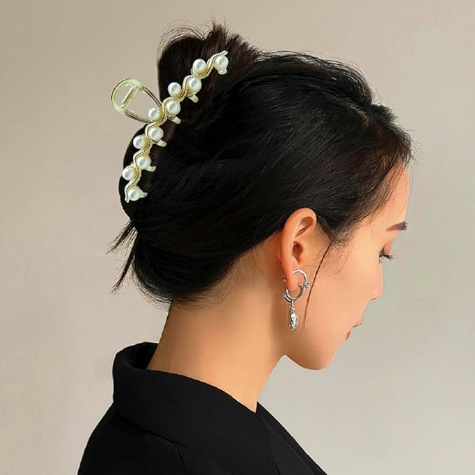 Crystal Hair Clips, Metal Imitation Pearl Hair Claw Clip for Women, Rhinestone Hair Claw Barrettes Non Slip Hair Clamp Fashion Wedding Party Accessories Elegant Jaw Clip Decorations for Lady (2 Pack)