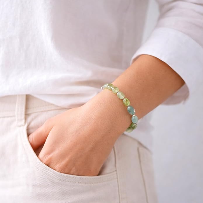 Sheplus Valentine's Day Gift - Natural Prehnite Gemstone Bracelet with Sterling Silver Clasp Healing Crystal Jewelry for Wife Girlfriend