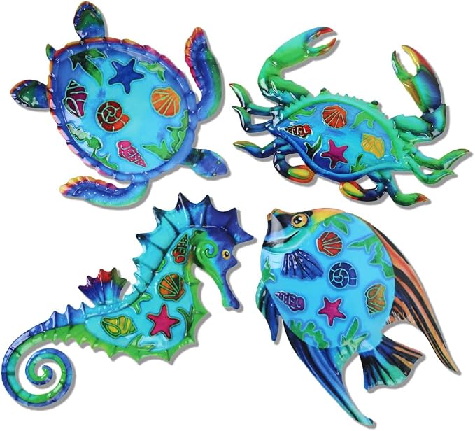 VEWOSTAR Metal Ocean Wall Art Decor Outdoor,Beach Wall Sculpture Set of 4 | Themed House Decor for Bathroom, Coastal Patio, Garden Fence, Pool Wall Art, Nautical Outdoor Decor Gift