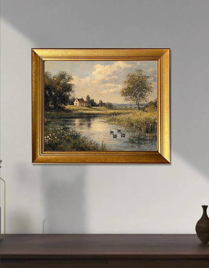 Gold Framed Vintage River Landscape Wall Art With Ducks Cottage Core Artwork Country Landscape Canvas Print for Living Room Bedroom Bathroom Decor