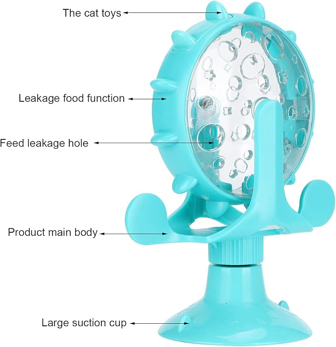 VINGVO Cat Treat Dispenser Toy, Interactive Cat Feeder with 360 Rotating Windmill, Food Leakage Toy for Indoor Cats, Suction Cup Base, Blue