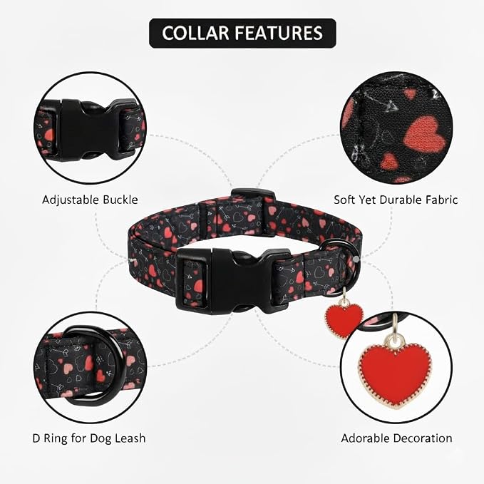 Lagre Dog Collar, Female Dog Collar Boy Collars with Red Heart Pattern and Charm, Cute Puppy Collar for Large Dogs