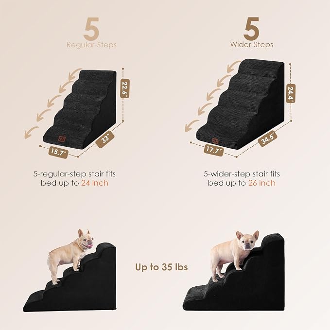 EHEYCIGA Curved Dog Stairs Ramp, 5-Step Extra Wide High Beds, Dog Steps | 33D density of pure foam, for Small Dogs and Cats, Pet Stairs for High Bed Climbing, Non-Slip Balanced Indoor, Black