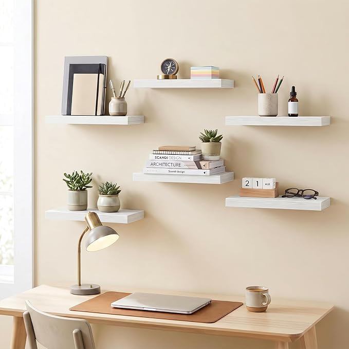 Fixwal Floating Wall Shelves for Decor (White Set of 6, 15.7 Inch) | MDF Shelves with Metal Brackets, Space Saving for Books, Decor, Works in Bathroom, Kitchen, Living Room, Bedroom