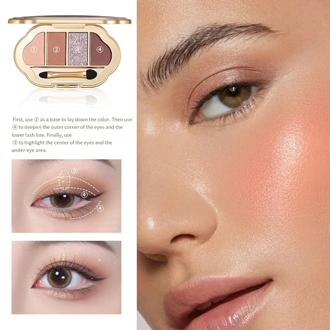 4 Colors Neutral Nude Matte & Shimmer Eyeshadow Palette,Peach Bronze Cocoa Neutral-Warm Mattes Glitter Eye shadow Contour Makeup Palette for Mature Women, Blue Green Eyes, Daily Natural Makeup.#1