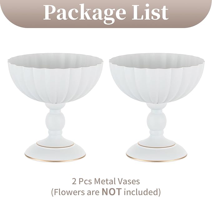 Sziqiqi White Urn Vase for Centrepieces, Wedding Compote Vase, 2Pcs | 7.9in Tall Metal Flower Arrangements, Vase for Centrepieces Floral Planter, Decorative Footed Bowl, For Party, Event