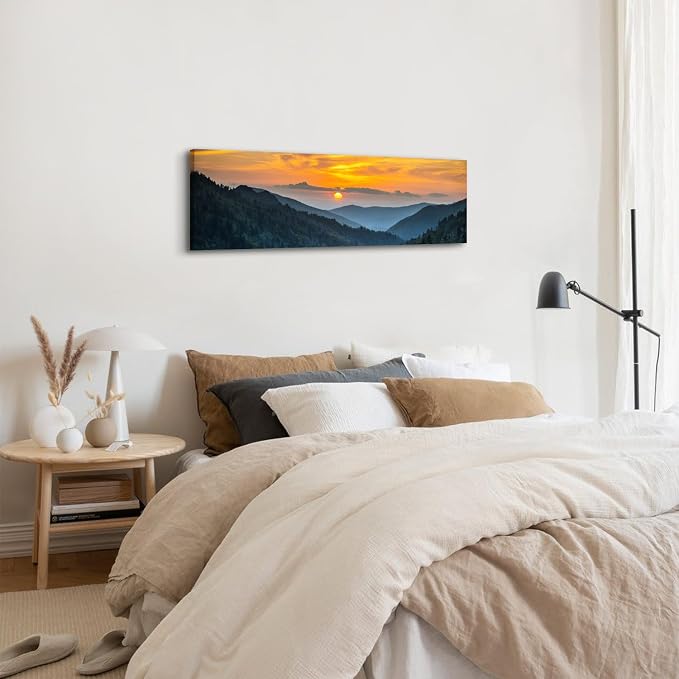 Sunset Blue Ridge Mountain Wall Art for Living Room Nature Wall Decor Smoky Mountain Landscape Picture National Park Poster Canvas Prints Misty Forest Scenic Painting Artwork Office Decorations 14x48”