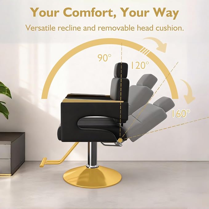 Professional Barber Salon Chair with Stainless Steel Armrests & Reclining Backrest, Hydraulic Pump Stylist Chair with 360° Swivel & Adjustable Height, Black+Gold