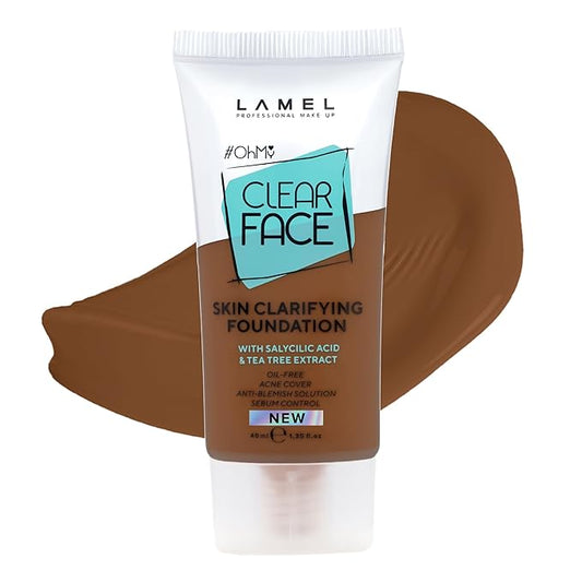 LAMEL Oh My Clear Face Full Coverage Foundation for Oily & Acne Prone Skin, Salicylic Acid & Tea Tree Extract, Anti-Blemish Sensitive Skin Care, Organic & Oil-Free, 411 Deep Neutral, 40 ml 1.35 fl.oz
