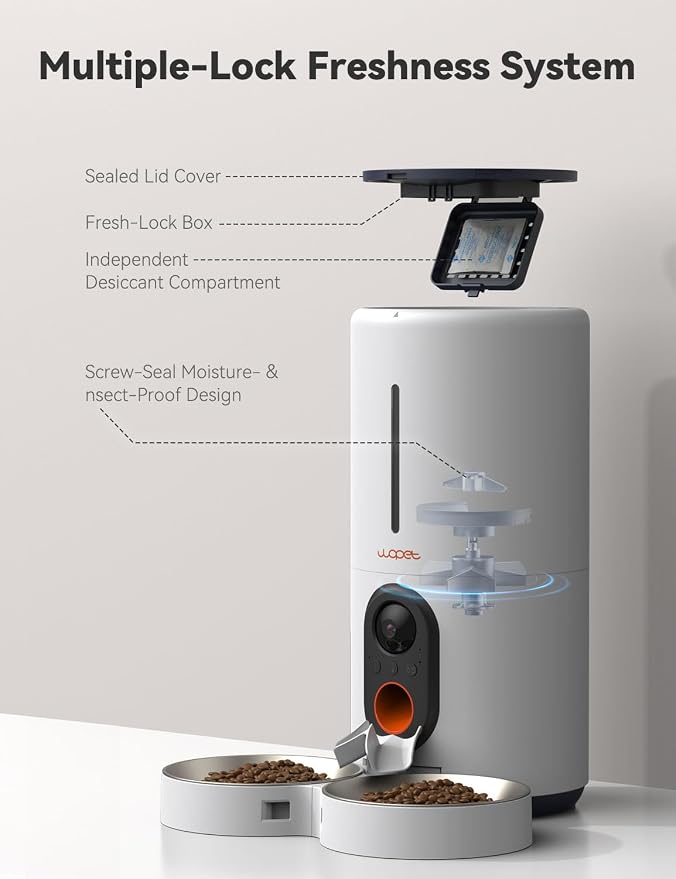 WOPET Automatic Cat Feeder with Camera for Two Cats, 6L Smart Pet Feeder with 1080P HD Video & Night Vision, 5G/2.4G WiFi Cat Dog Feeder, 2-Way Audio, SD Card Storage, Up to 10 Meals per Day