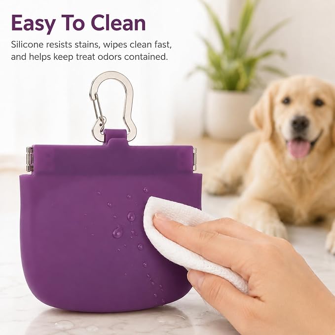 Silicone Dog Treat Pouch for Pet Training One-Hand Access One Cup Silicone Treat Bag with Pull Tab and Auto Closing Lid Treat Pouches for Leash(Color: Purple)
