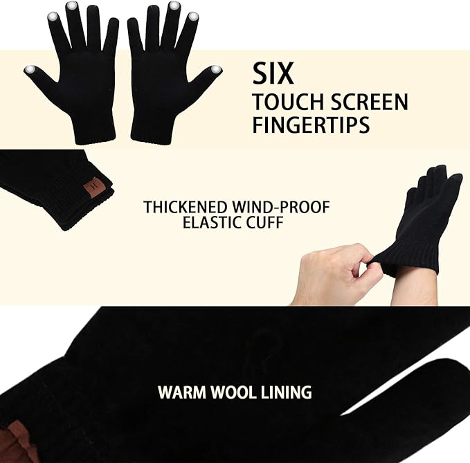 Winter Warm Beanie Hat Touchscreen Gloves Set, Soft Skull Cap Gloves Set for Men and Women with Warm Knit Fleece Lined