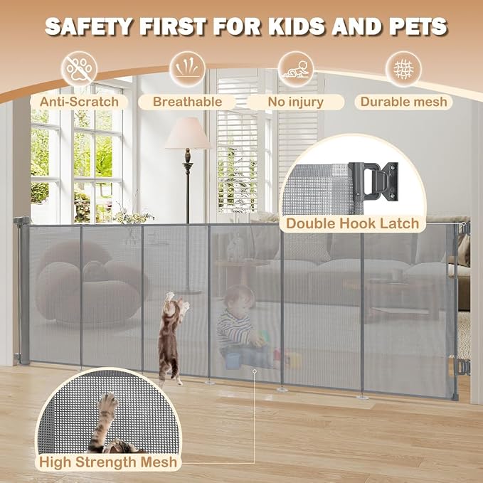 SMONTER Extra Wide Retractable Dog Gates, Mesh Baby Gate with Support Rods Extend to 118" Wide 44" Tall, Portable Safety Retractable Gate for Stairs, Indoor/Outdoor, Gray