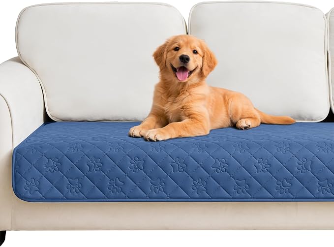 PAWFINITY Waterproof Couch Covers for Dogs, Pet Blanket for Sofa Washable | Paw Print Quilted, Hair Resistant, Anti Cat Scratch, Pee Proof Furniture Protector for 3 Seat Sofa and Bed, 30x75 Inch, Blue